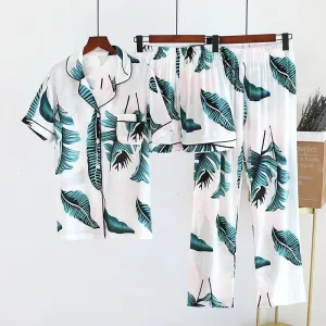 2023 New Women's Spring And Summer100%Viscose Pajamas Three-piece Short Sleeve   Shorts   Trousers Soft And Comfortable Homewear