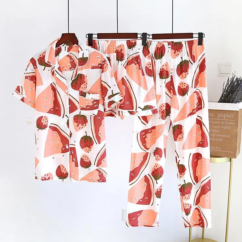 2023 New Women's Spring And Summer100%Viscose Pajamas Three-piece Short Sleeve   Shorts   Trousers Soft And Comfortable Homewear