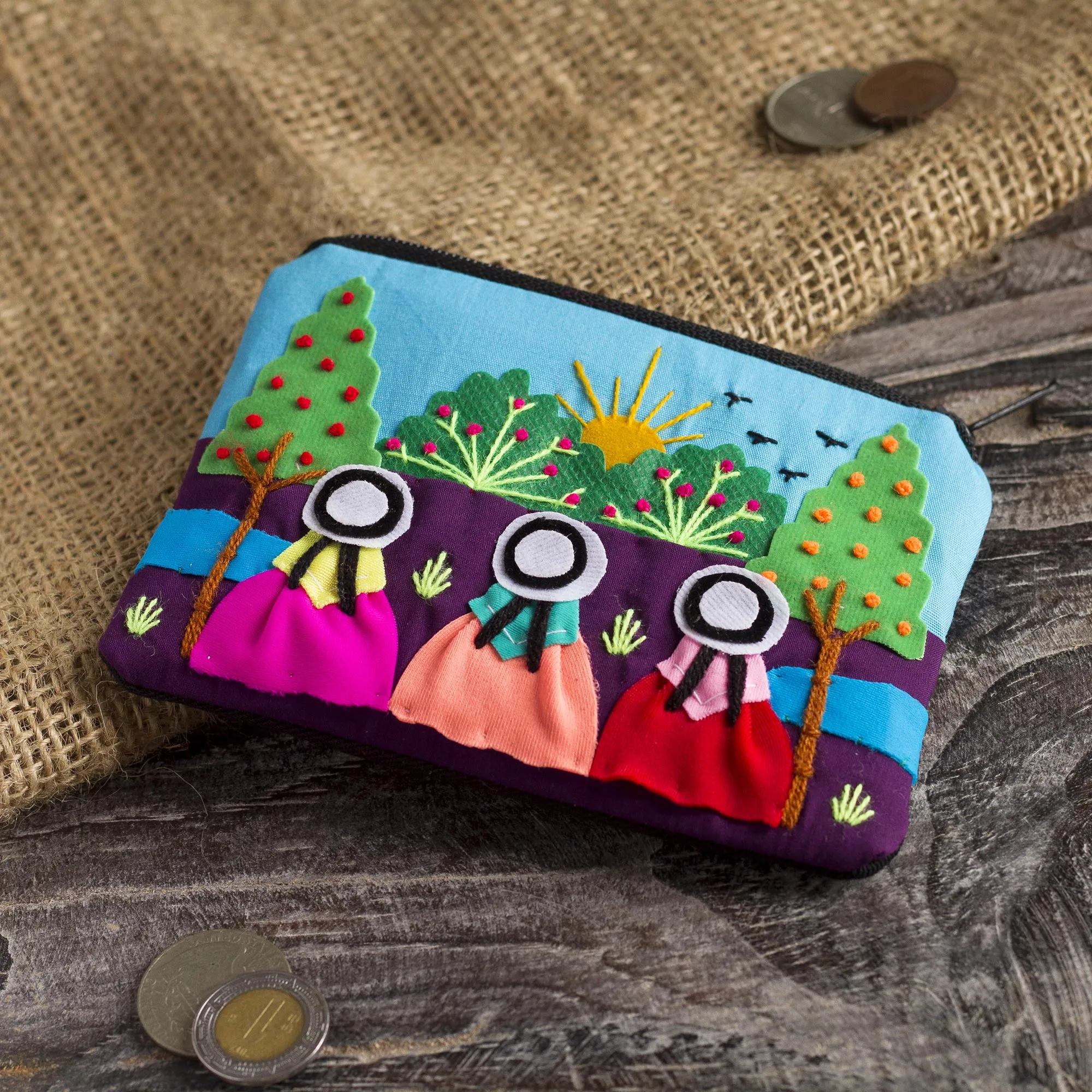 A Walk in the Fields Applique Coin Purse Handmade in Peru