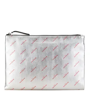 Allover Logo Leather Clutch with Metallic Finish and Top Zip Closure