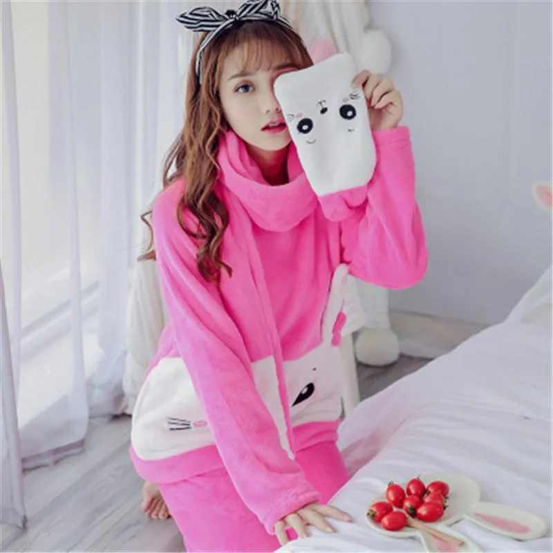 Autumn and Winter Coral Velvet Pajamas Women Plus Velvet Warm Long Sleeves Flannel Suit Students