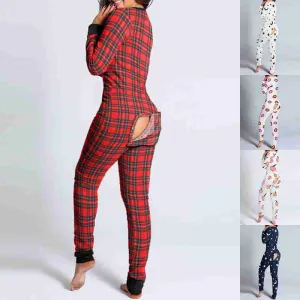 Autumn And Winter Women Fashion Homewear Cute Printing Functional Buttoned Flap Adults Sleepwear One Piece Pajamas