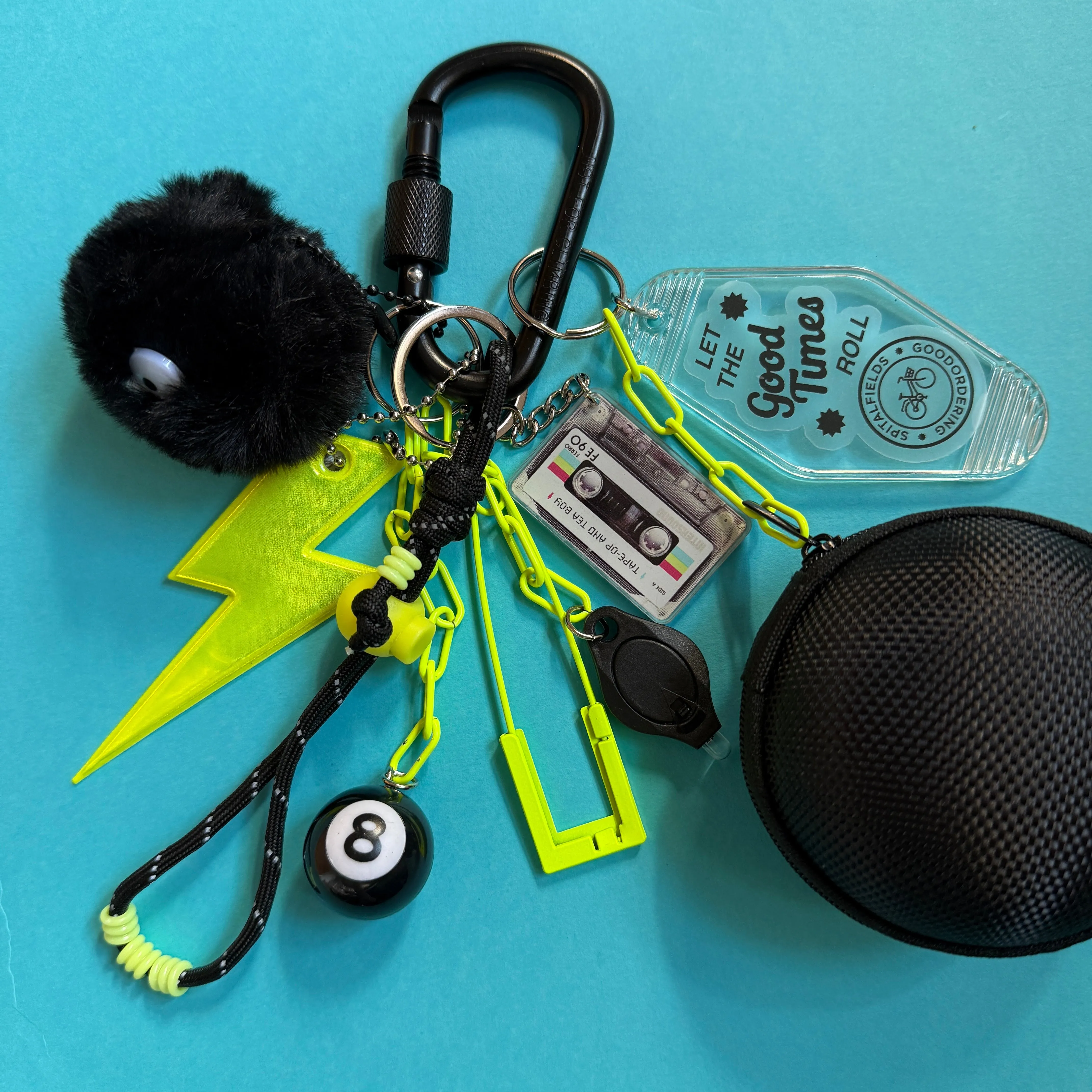 Bag charm and keyring black and neon