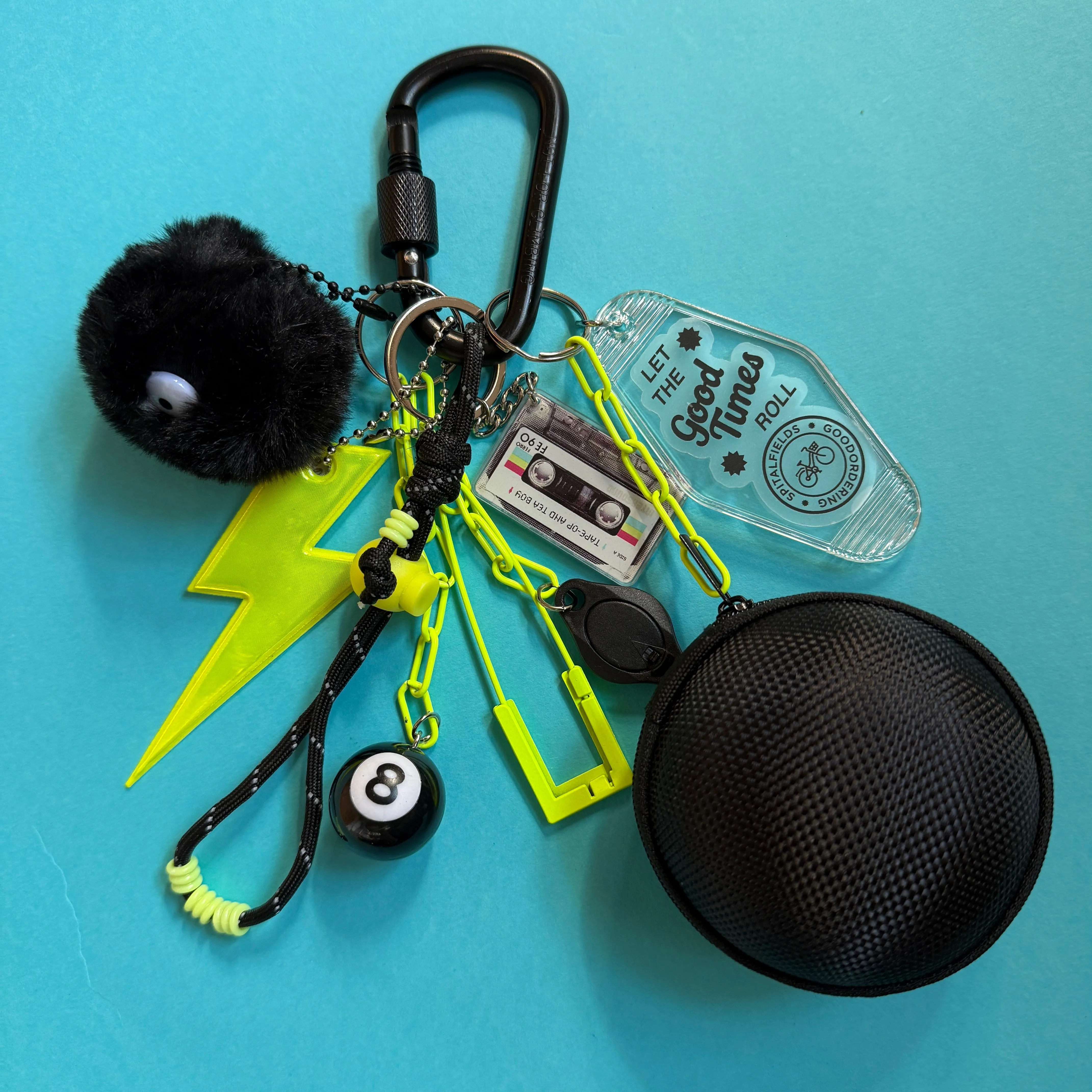 Bag charm and keyring black and neon