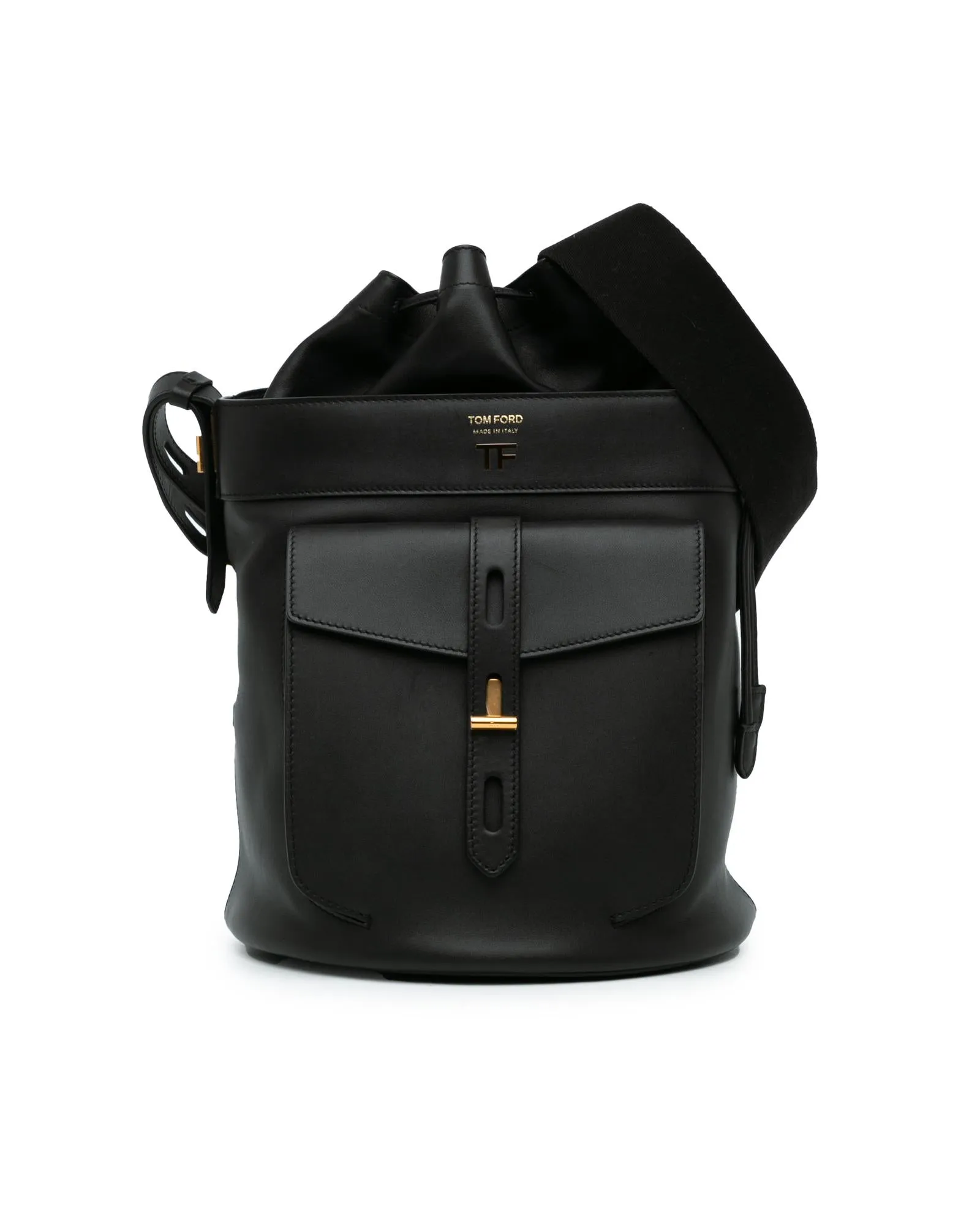 Calfskin Leather Hollywood Bucket Bag with Adjustable Strap and Front Flap Pocket