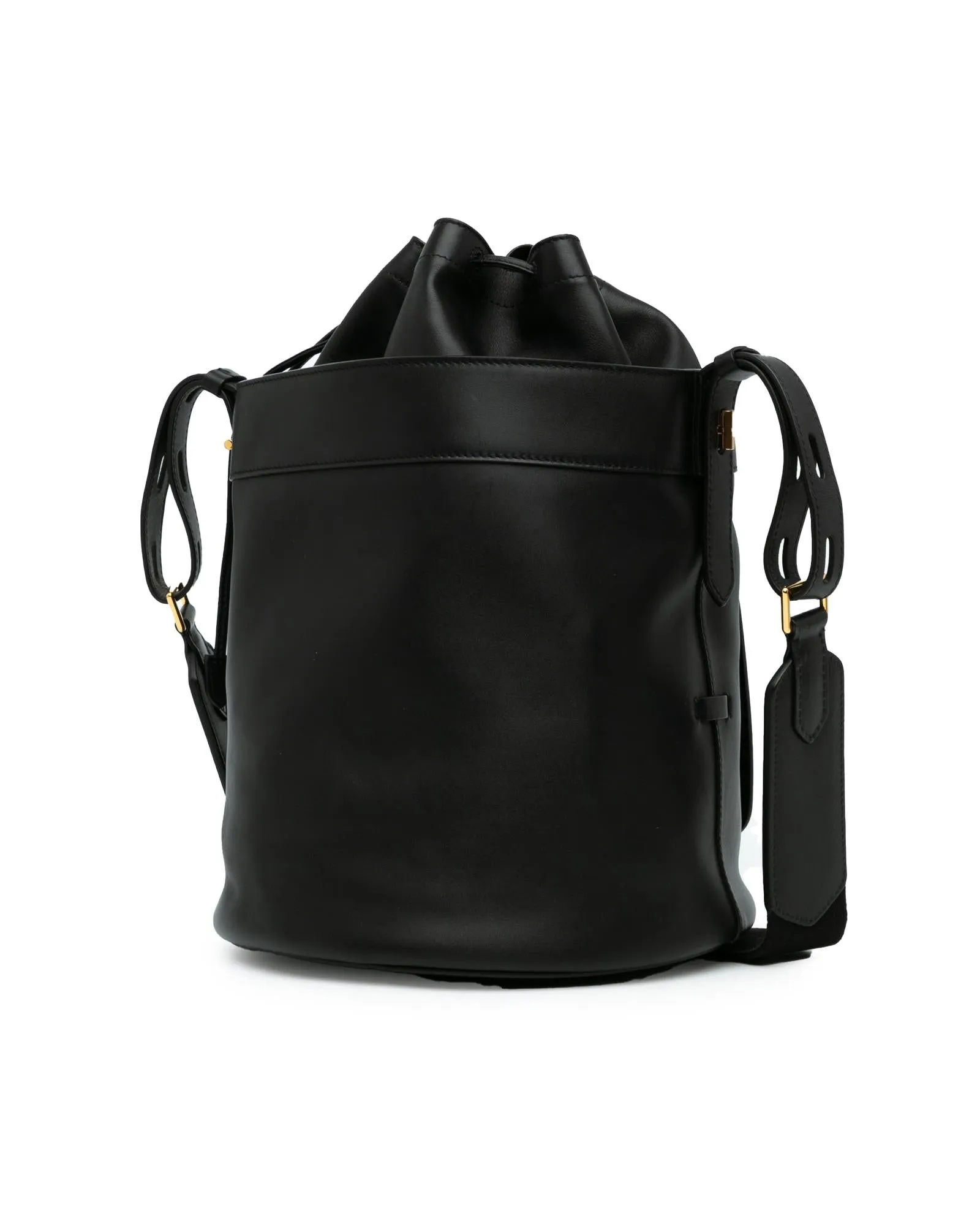 Calfskin Leather Hollywood Bucket Bag with Adjustable Strap and Front Flap Pocket