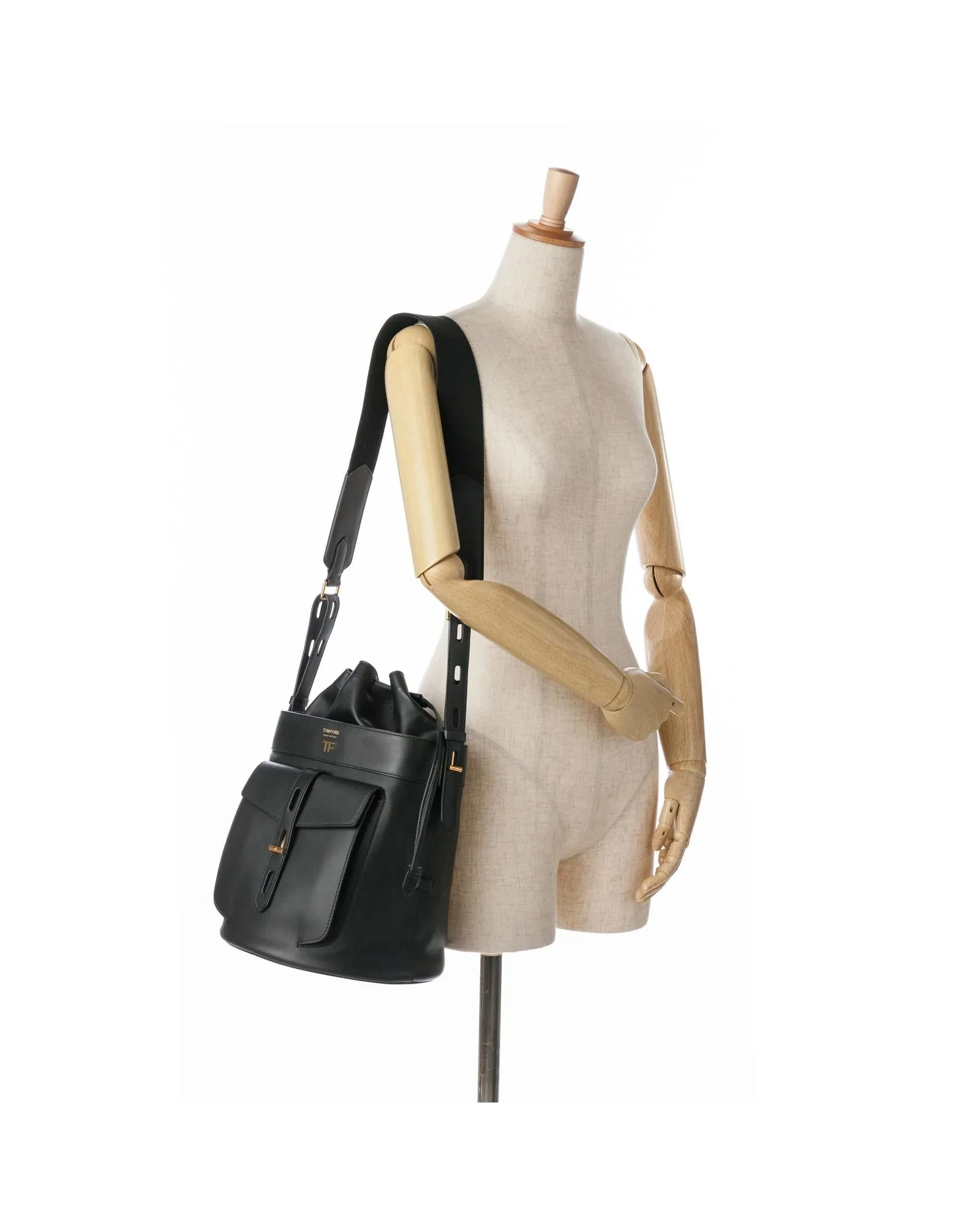 Calfskin Leather Hollywood Bucket Bag with Adjustable Strap and Front Flap Pocket