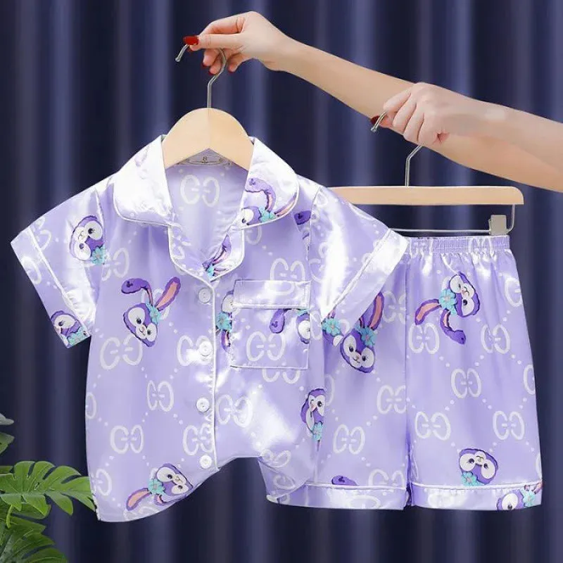 Children's Ice Silk Pajamas Set Girls Sanrio Hello Kitty Cartoon Turn-down Collar Short Sleeve Top   Shorts 2Pcs Kids Nightwear