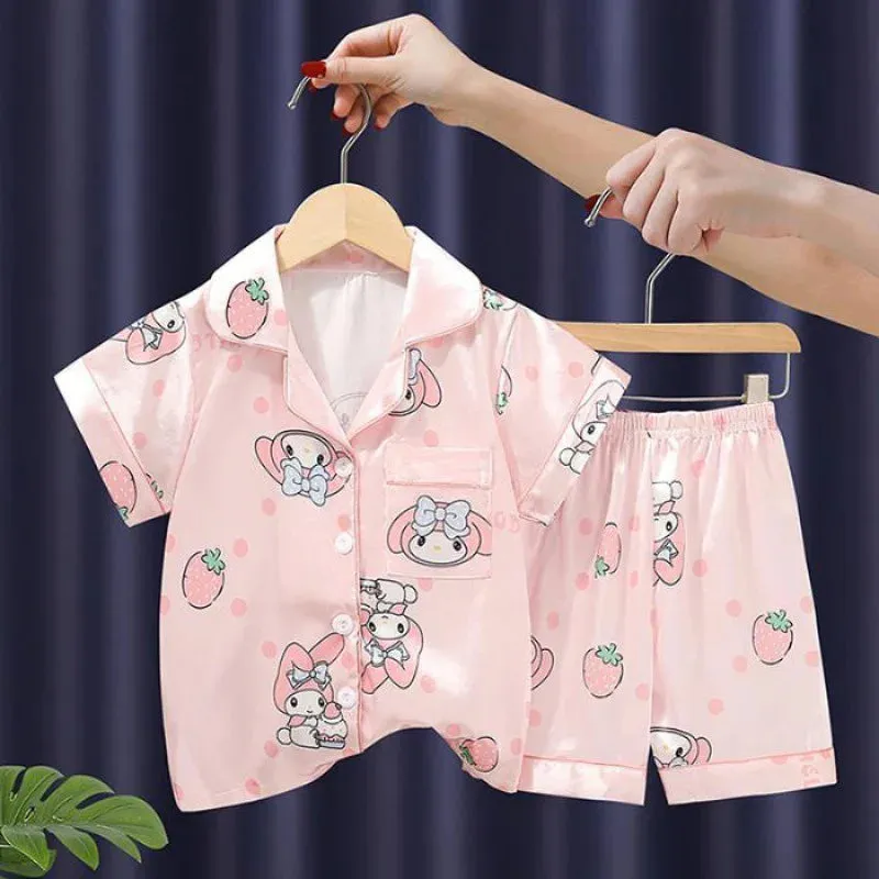 Children's Ice Silk Pajamas Set Girls Sanrio Hello Kitty Cartoon Turn-down Collar Short Sleeve Top   Shorts 2Pcs Kids Nightwear