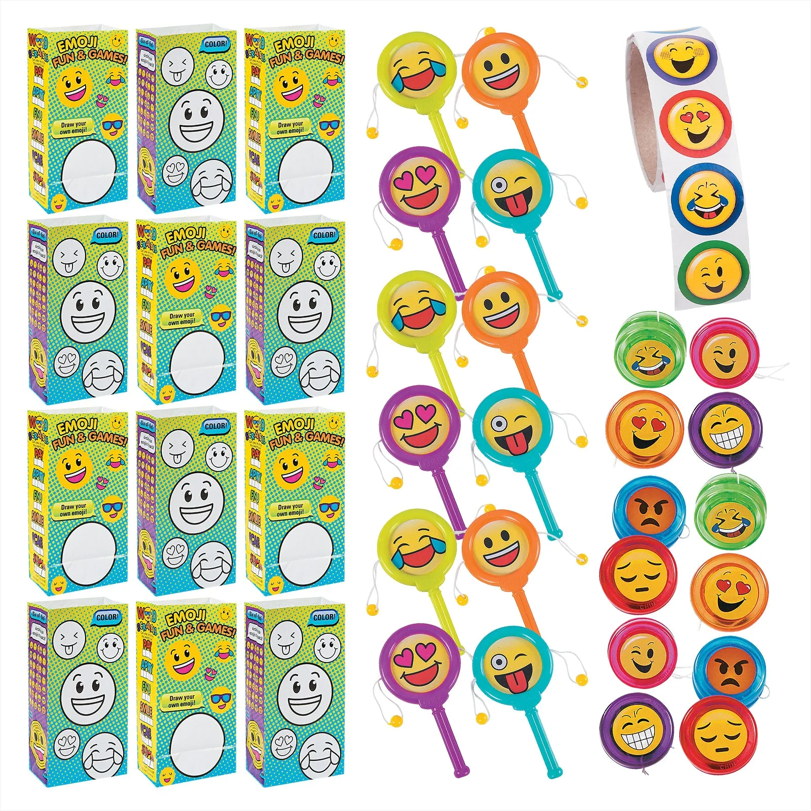 Emoji Party Favors - Smiley Face Goody Bags, Mini Yo-yos, Mini Drums, and Stickers for 12 Guests