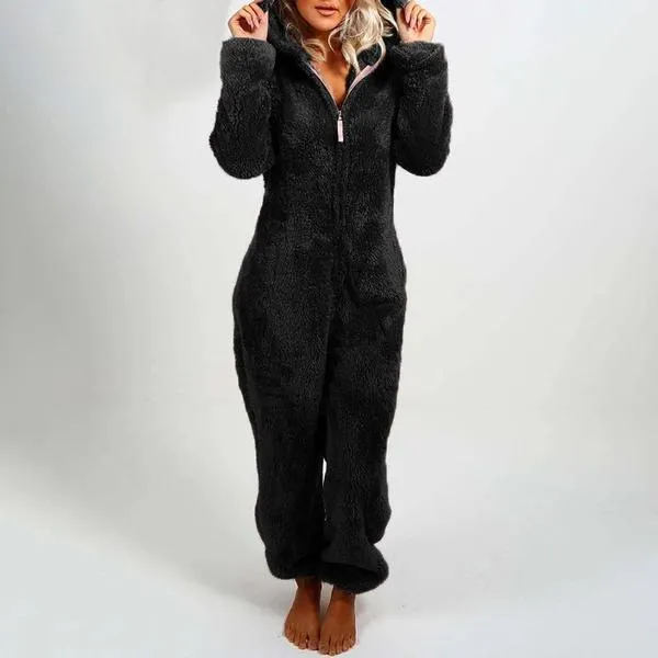 Fall/winter Women's Hooded Pajamas with Plush Thick Plush Jumpsuit Bear Rompers Home Wear Overall Outwear