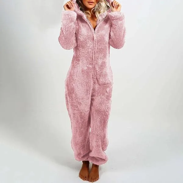 Fall/winter Women's Hooded Pajamas with Plush Thick Plush Jumpsuit Bear Rompers Home Wear Overall Outwear