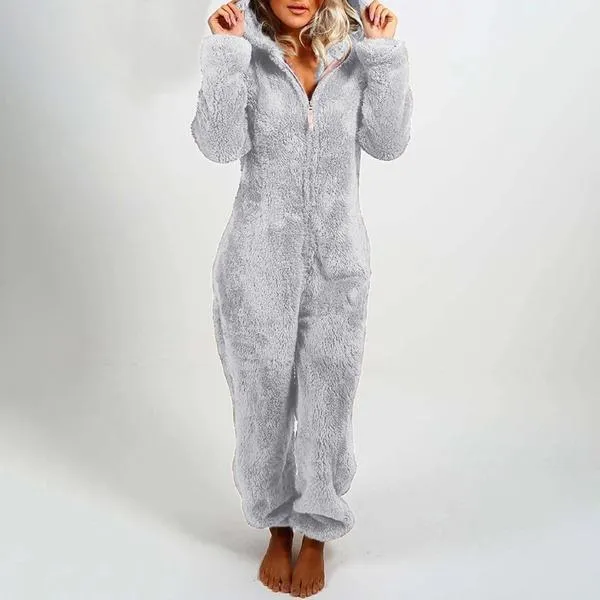 Fall/winter Women's Hooded Pajamas with Plush Thick Plush Jumpsuit Bear Rompers Home Wear Overall Outwear