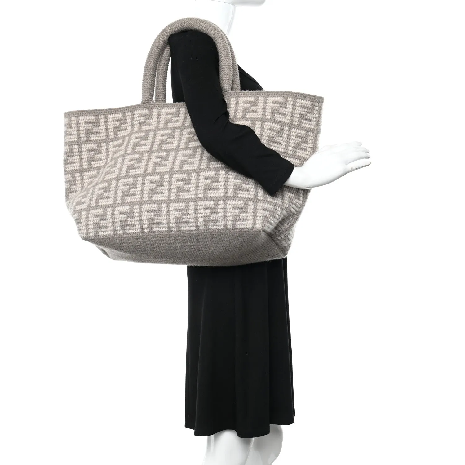 Fendi FF Tortora Gray Knitted Cashmere Wool Large Shopper Tote Bag