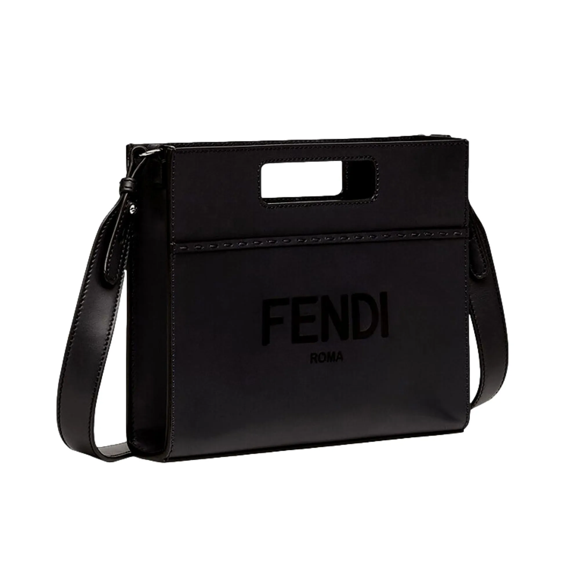 Fendi Logo 2-Way Smooth Black Leather Small Tote Bag