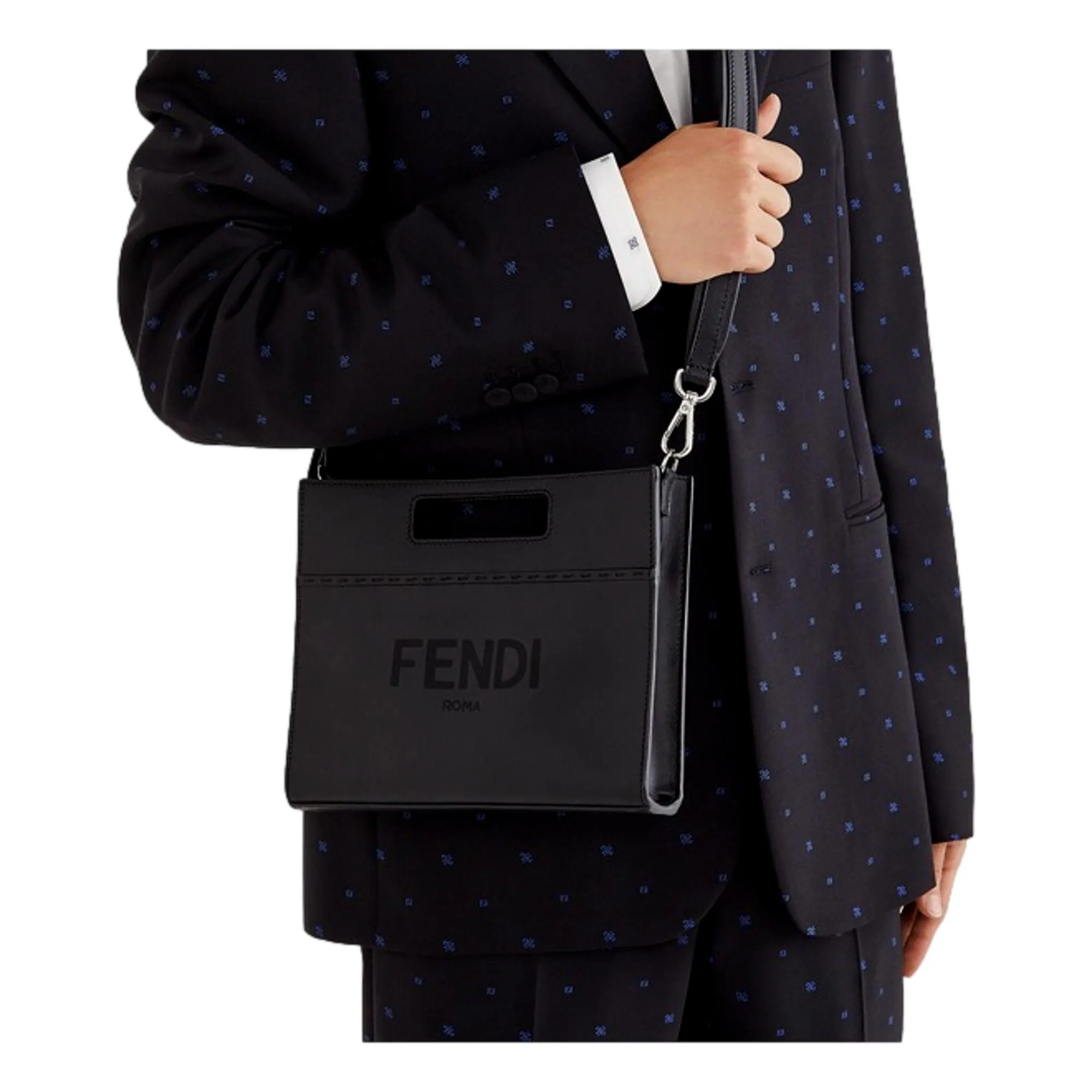 Fendi Logo 2-Way Smooth Black Leather Small Tote Bag