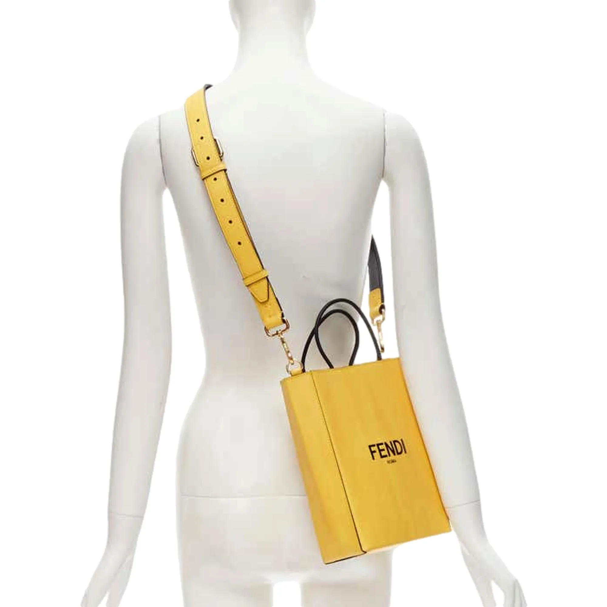 Fendi Roma 2Way Embossed Yellow Leather Crossbody Shopping Tote Bag