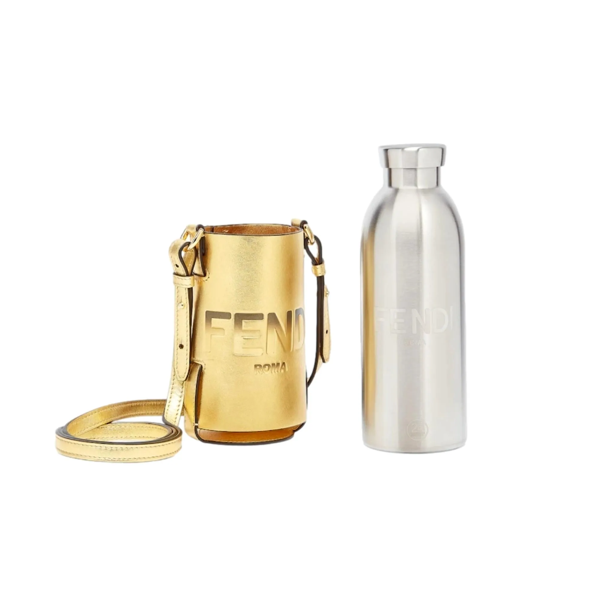 Fendi Roma Logo Steel Bottle and Gold Leather Holder Set