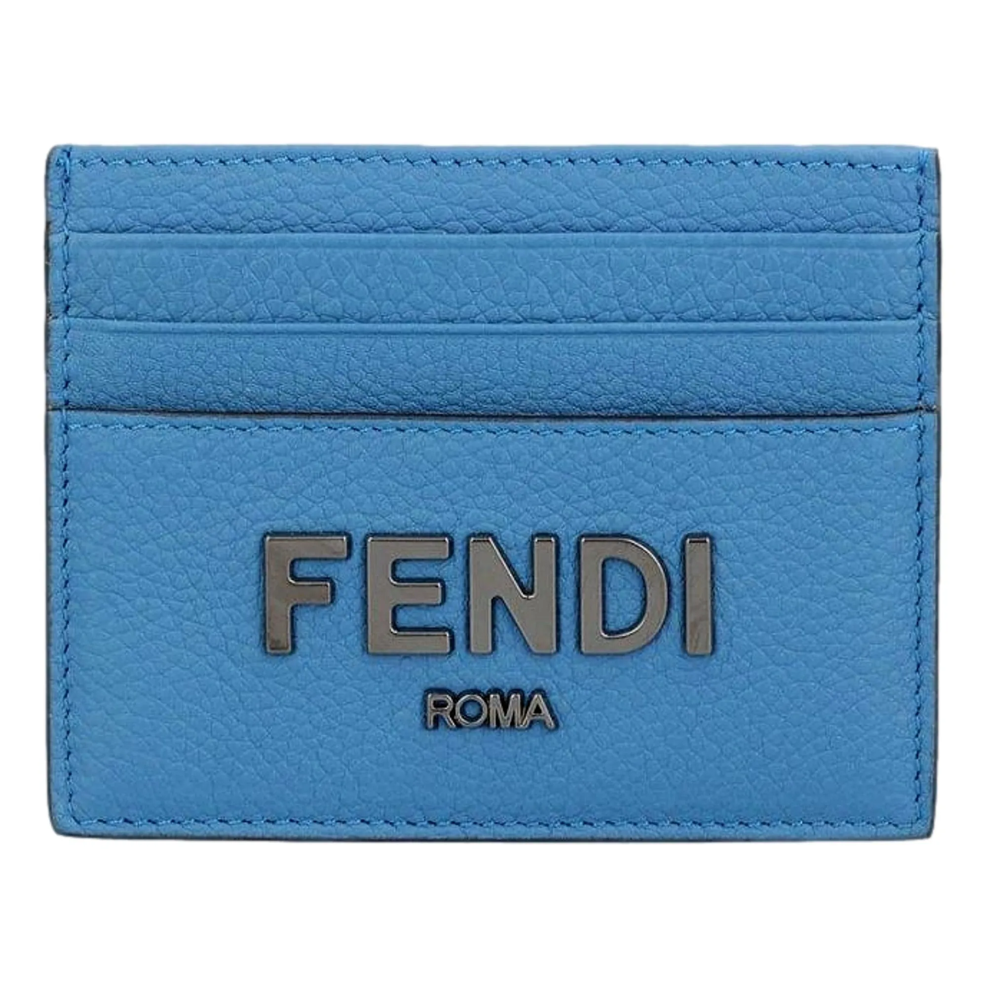 Fendi Signature Fiordaliso Blue Grained Leather Card Case Wallet