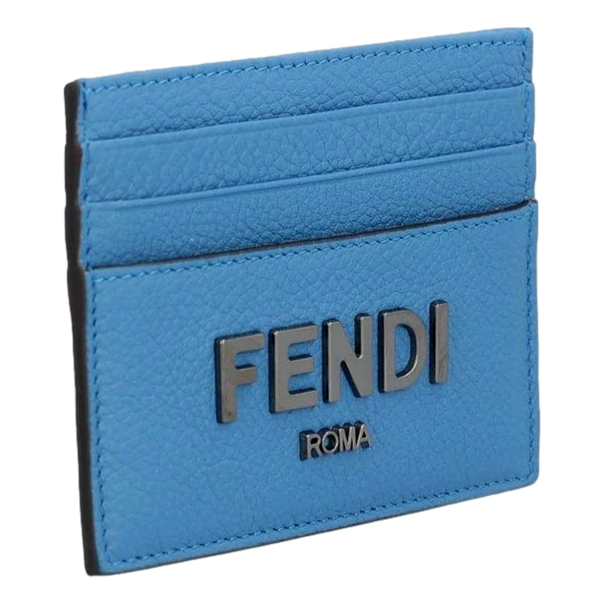 Fendi Signature Fiordaliso Blue Grained Leather Card Case Wallet