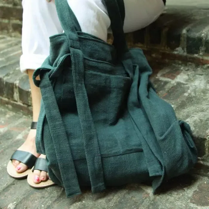 Green Women Backpack Linen Shoulder Bag