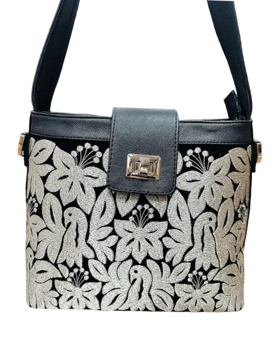 Jalapa Black Handbag with Silver Embroidery