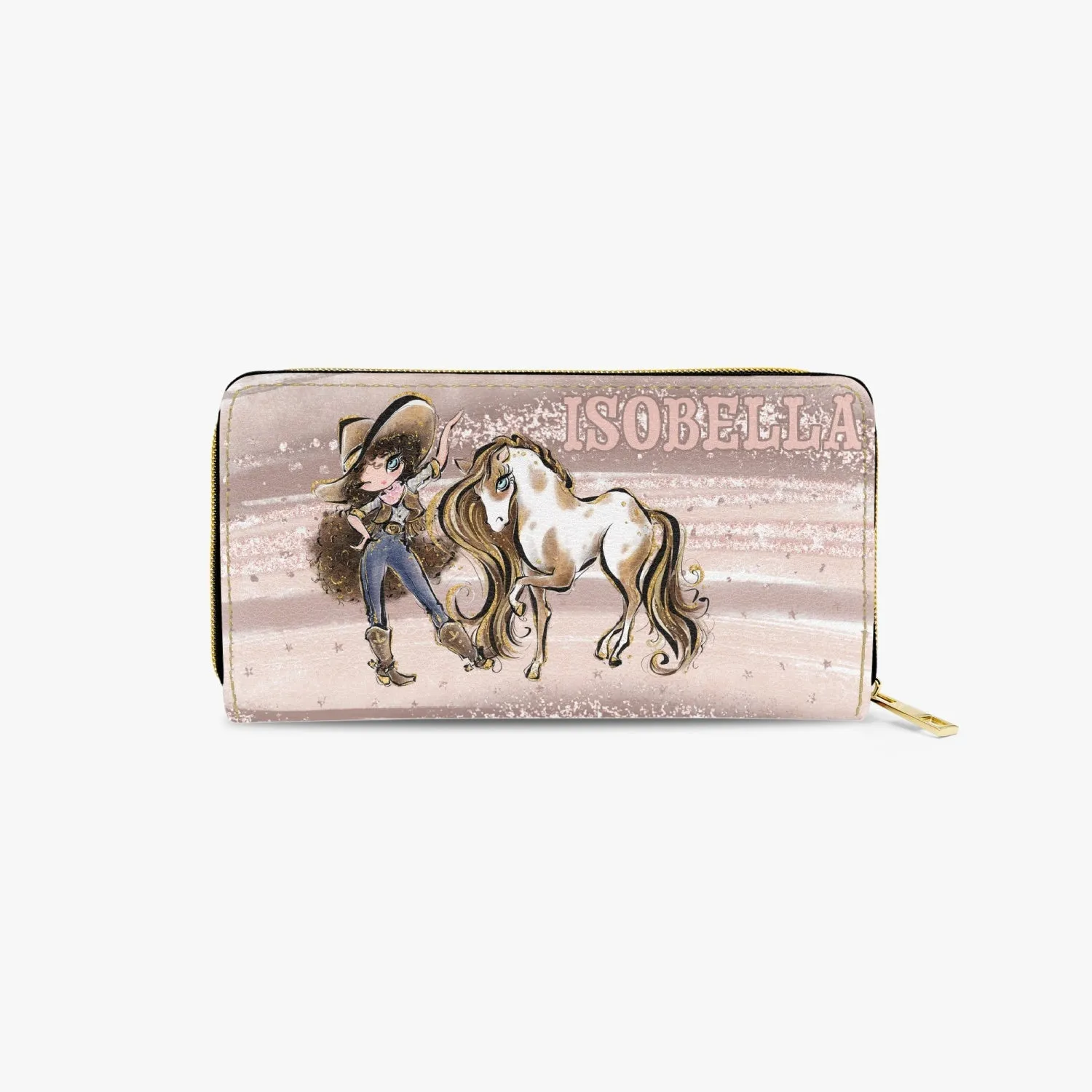 Long Type Zipper Purse, Howdy Cowgirl & Horse, Brunette Curly Hair Blue Eyes, Personalised