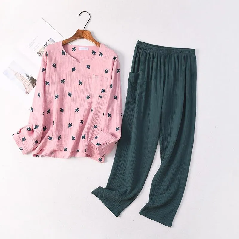 New Japanese Style Spring and Autumn Ladies Cotton Crepe Cloth Long-sleeved Trousers Pajamas Cactus Comfortable Home Service