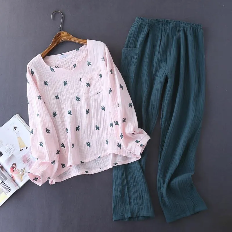 New Japanese Style Spring and Autumn Ladies Cotton Crepe Cloth Long-sleeved Trousers Pajamas Cactus Comfortable Home Service