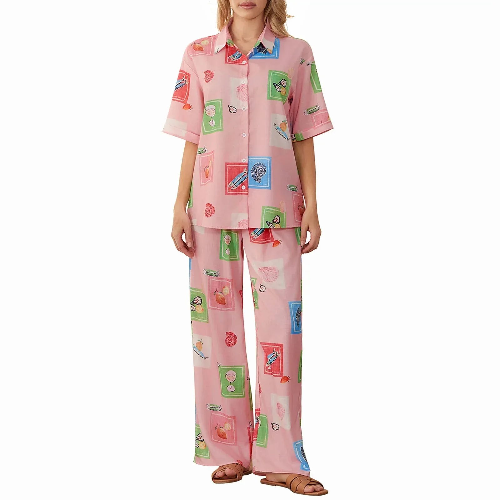 Patterns Print Short Sleeve Tops and Pants Sleepwear Multi Pajamas