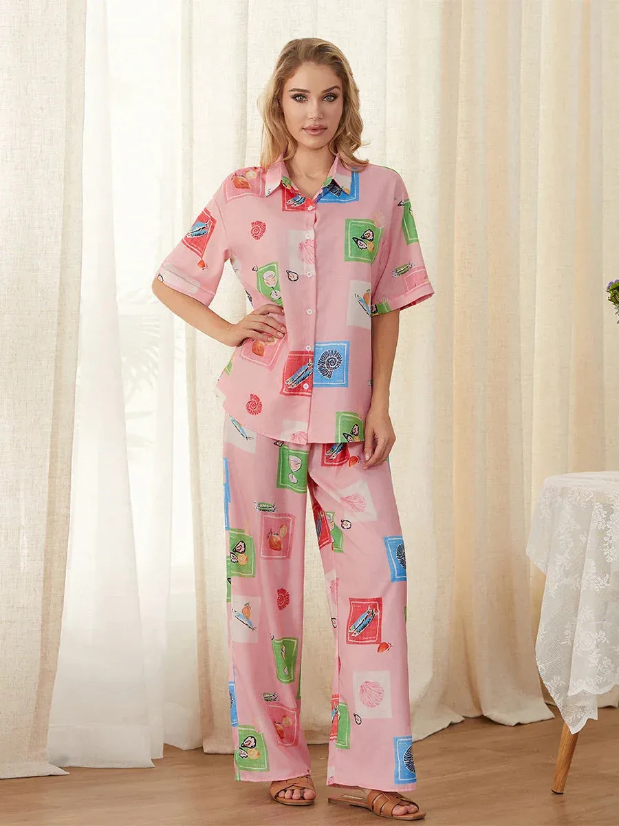 Patterns Print Short Sleeve Tops and Pants Sleepwear Multi Pajamas