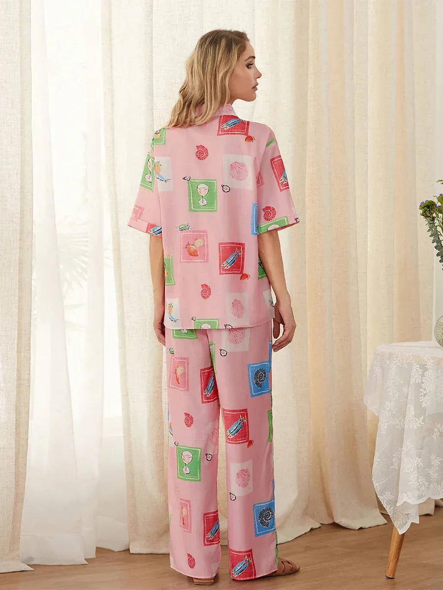 Patterns Print Short Sleeve Tops and Pants Sleepwear Multi Pajamas