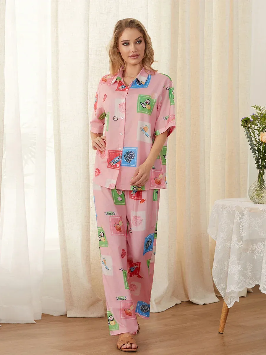 Patterns Print Short Sleeve Tops and Pants Sleepwear Multi Pajamas