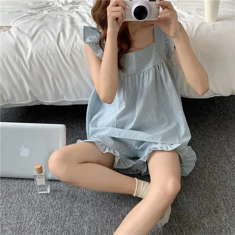 Plaid Sleepwear Women Pajamas Shorts Set Fly Sleeve Korean Kawaii Pijama Ruffles Summer Home Clothes Suit Sleeping Night Wear