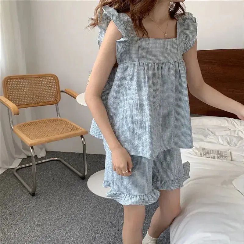 Plaid Sleepwear Women Pajamas Shorts Set Fly Sleeve Korean Kawaii Pijama Ruffles Summer Home Clothes Suit Sleeping Night Wear