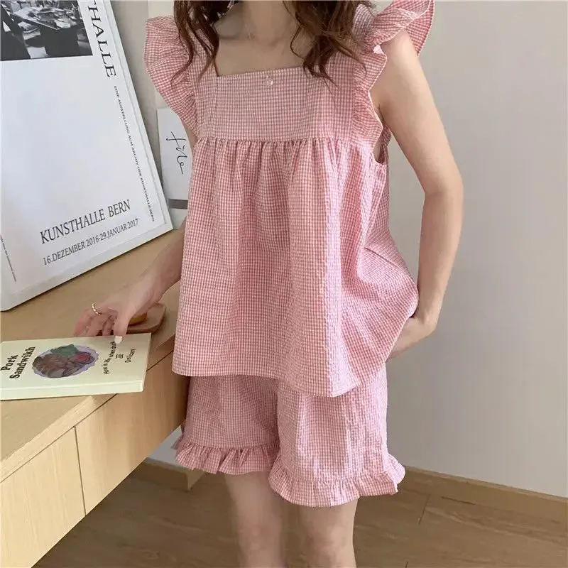 Plaid Sleepwear Women Pajamas Shorts Set Fly Sleeve Korean Kawaii Pijama Ruffles Summer Home Clothes Suit Sleeping Night Wear