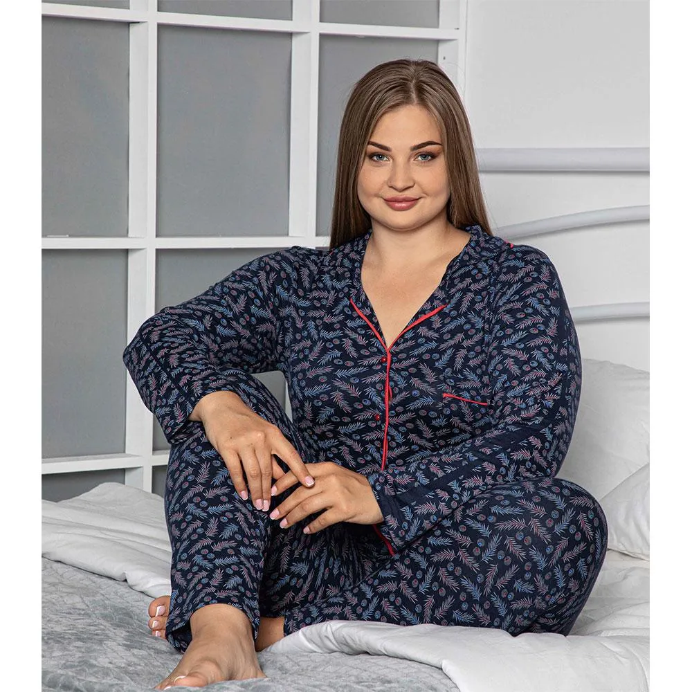 Plus Size Buttoned Masculine Pocket Pajamas Set