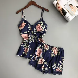 Printing Spaghetti Strap Women Pajama Set V-neck Sexy With Pad Female Summer Pajamas