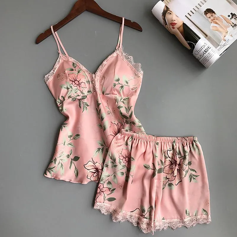 Printing Spaghetti Strap Women Pajama Set V-neck Sexy With Pad Female Summer Pajamas