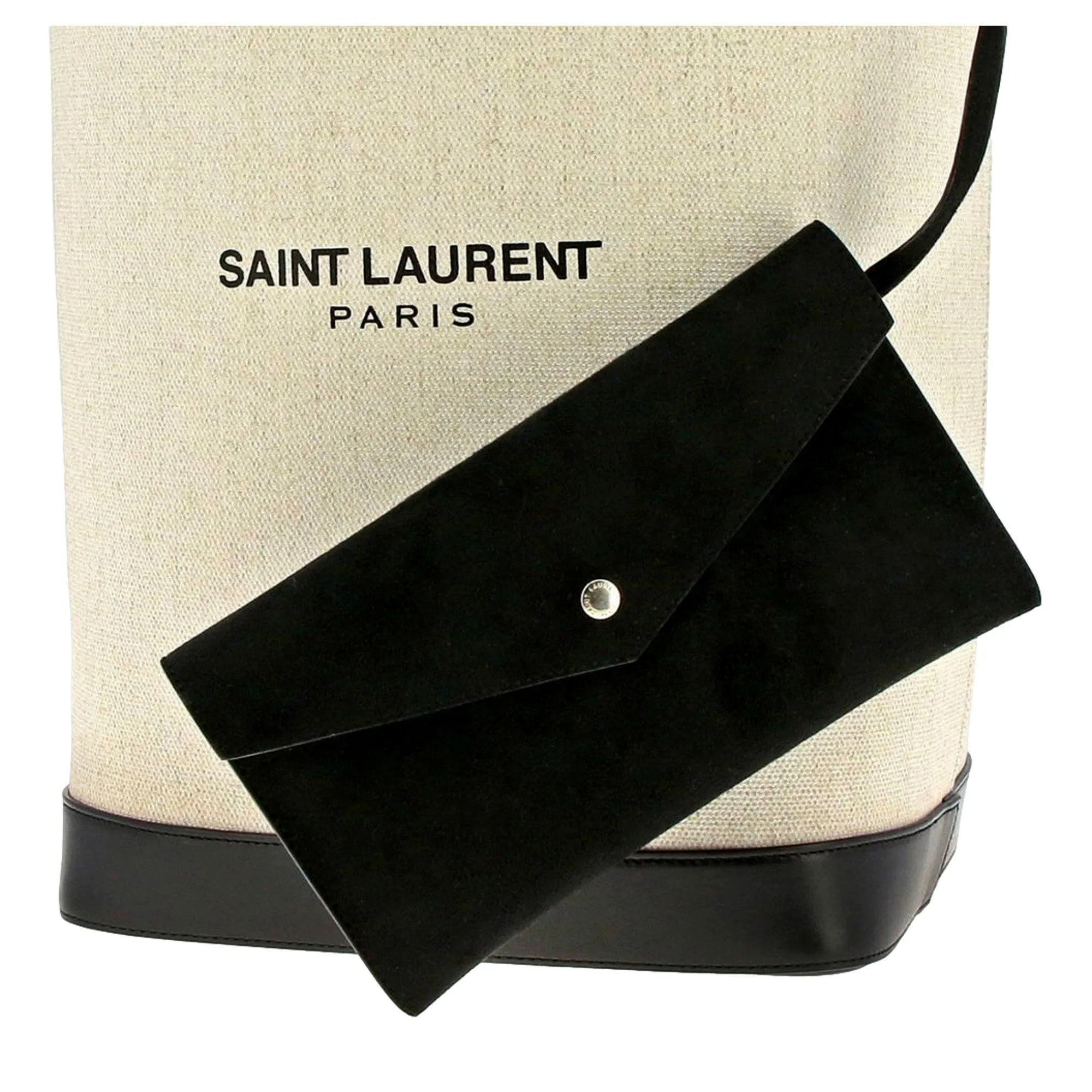 Saint Laurent Teddy White Coated Linen Drawstring Bucket Bag