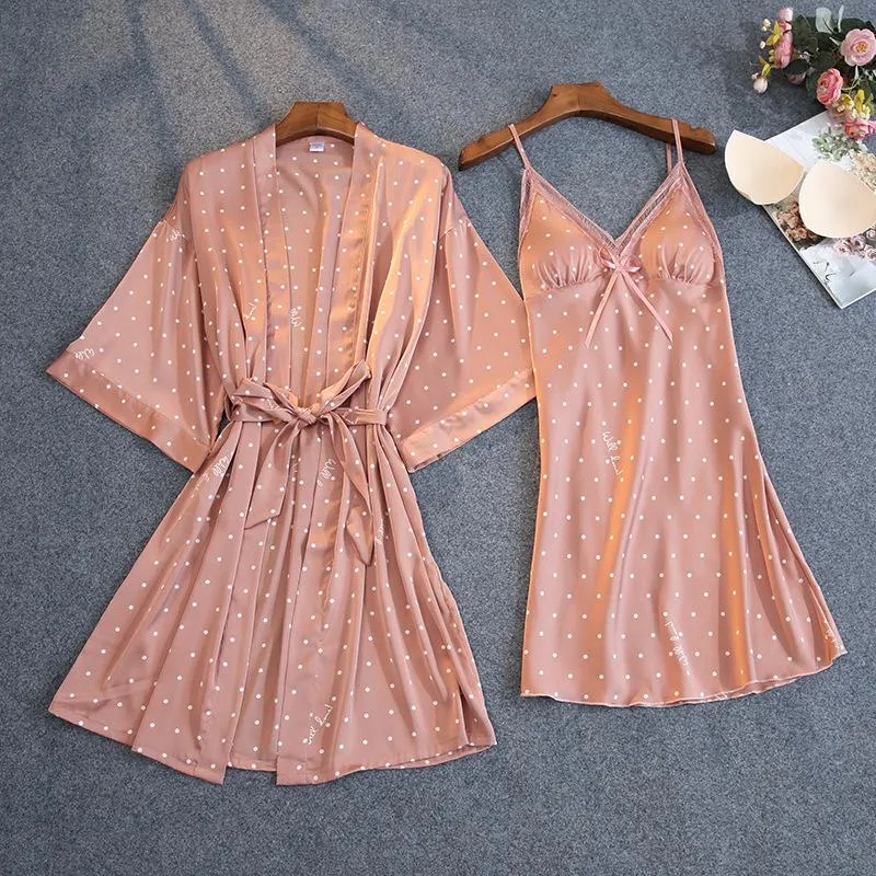 Satin Sexy Women Robe Set Pink Dot Print With Chest Pad Pajamas Pyjamas