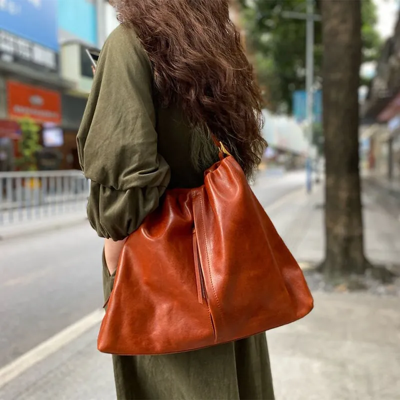 Vintage Design Vegetable Tanned Leather Shoulder Bag for Women's Tote Bag