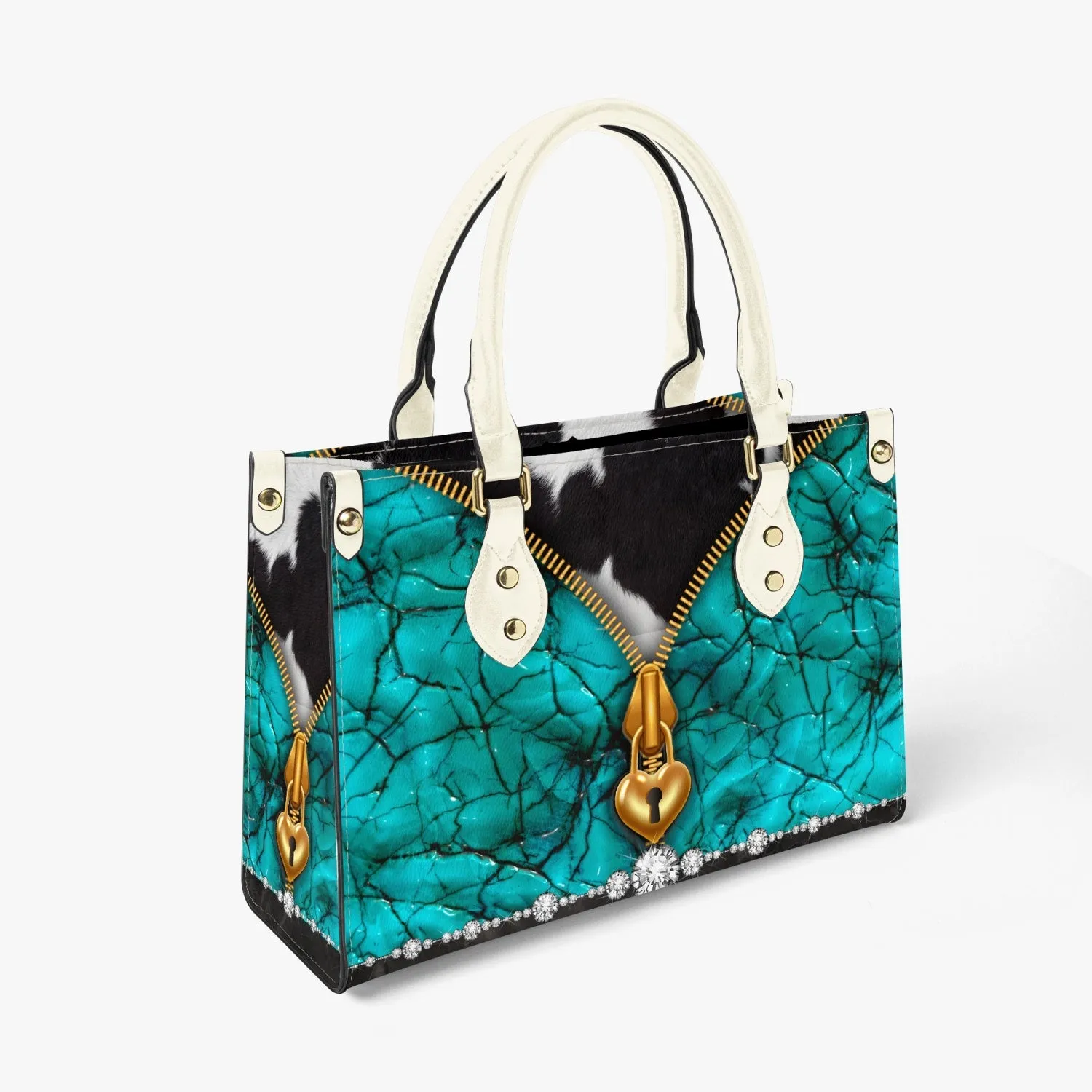 Women's Tote Bag - Long Strap - Turquoise, Zipper Cow Hide Look