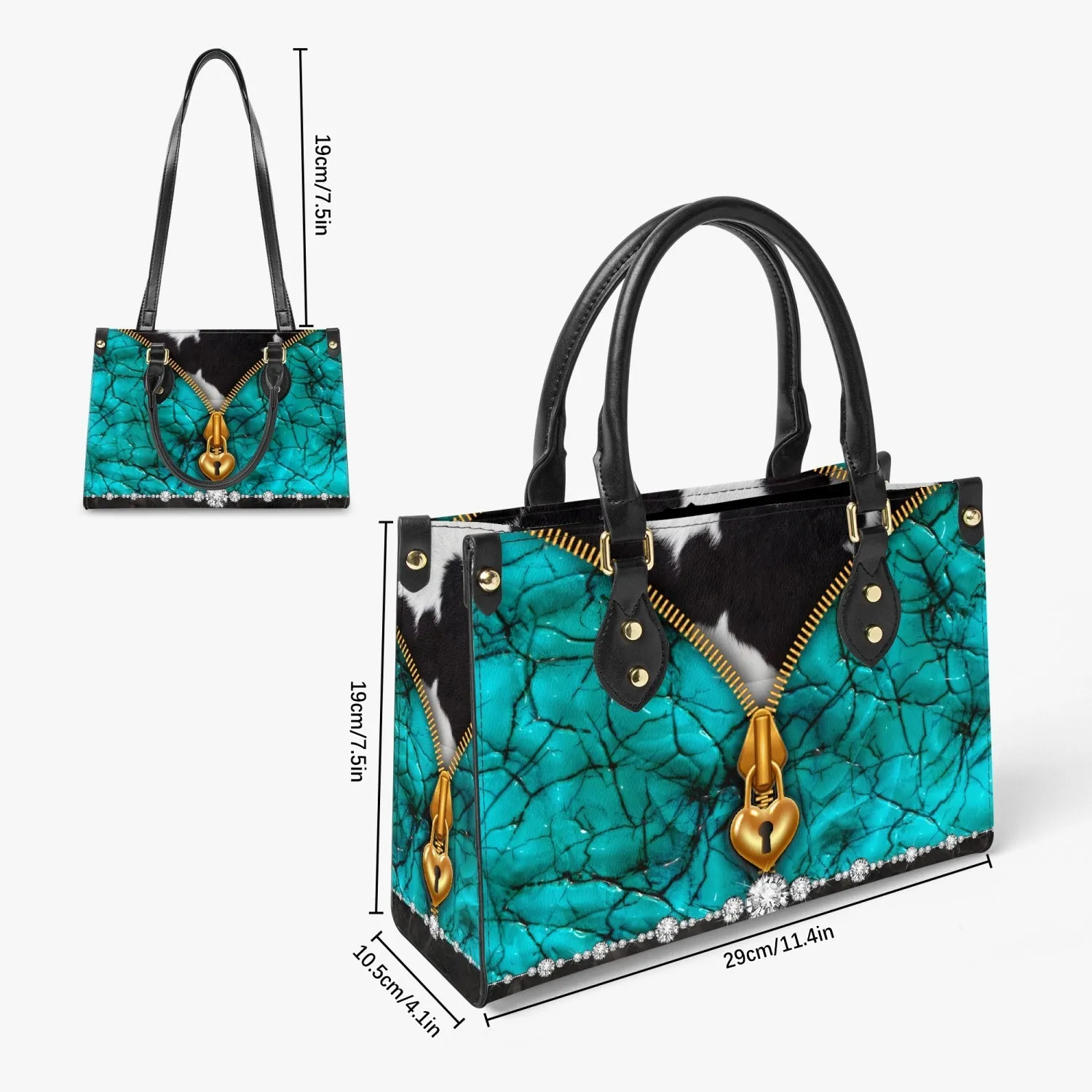 Women's Tote Bag - Long Strap - Turquoise, Zipper Cow Hide Look