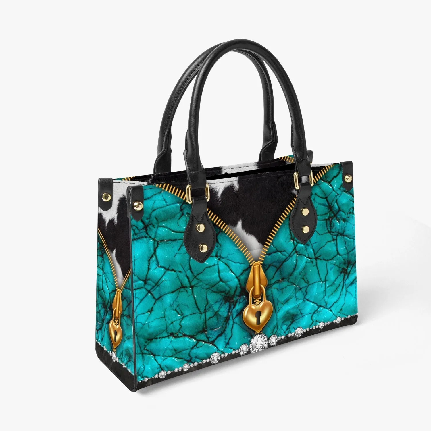 Women's Tote Bag - Long Strap - Turquoise, Zipper Cow Hide Look