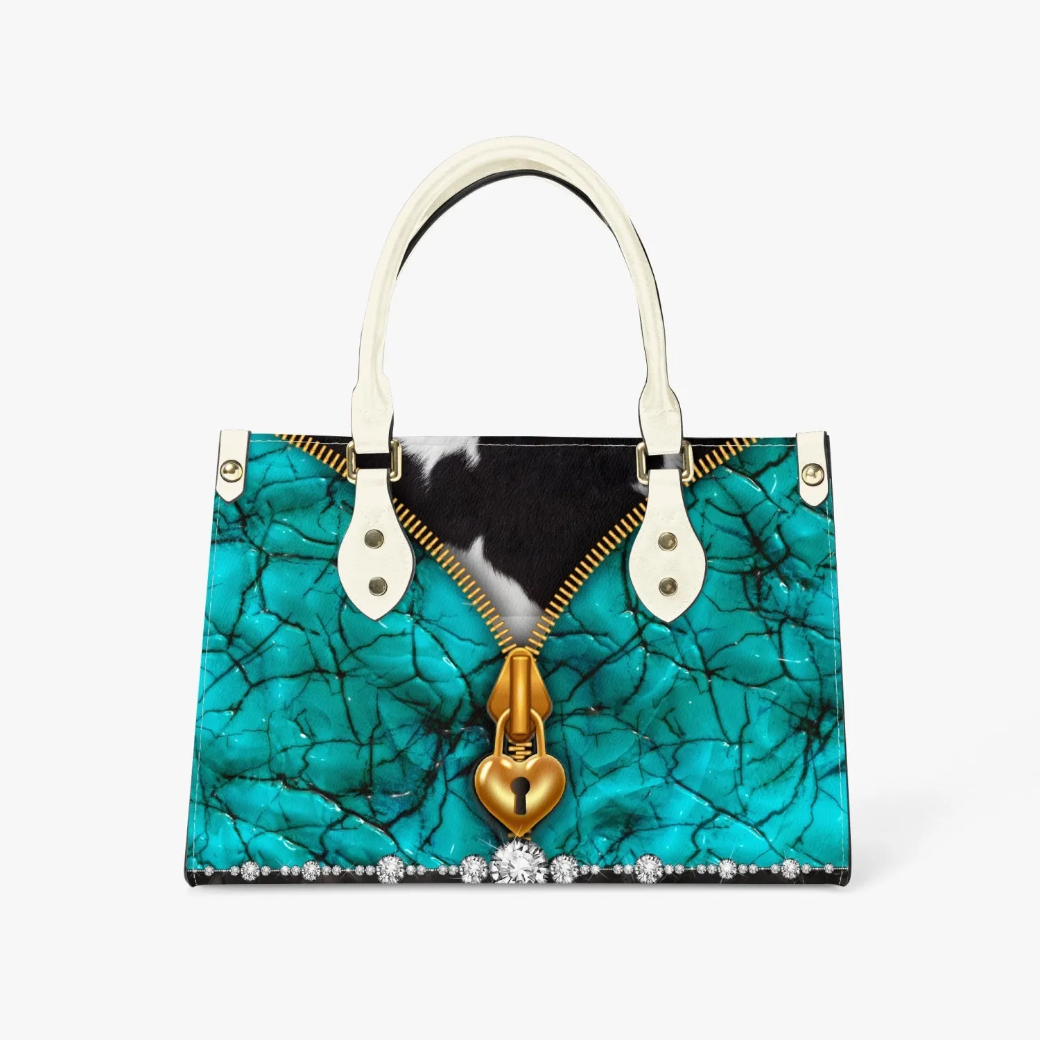 Women's Tote Bag - Long Strap - Turquoise, Zipper Cow Hide Look